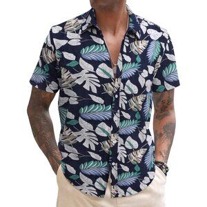 Men's Black Linen Casual Short Sleeve Shirt Button Down Summer Beach Shirts